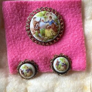 Vintage "La Reine" Limoges France Courtship Brooch and Earrings Set Porcelain